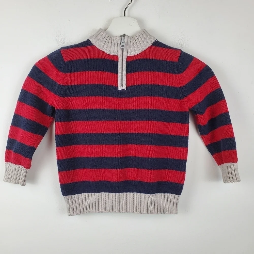 Hanna Andersson 100 US 4 Sweater Red Blue Stripes Mockneck 1/4 zip Combed Cotton